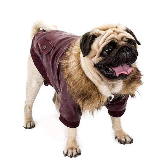 JMT-981898 Faux Fur Collar Double-Pocket Leather Coat for Dogs in Wine Red and Black