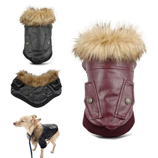 JMT-981898 Faux Fur Collar Double-Pocket Leather Coat for Dogs in Wine Red and Black