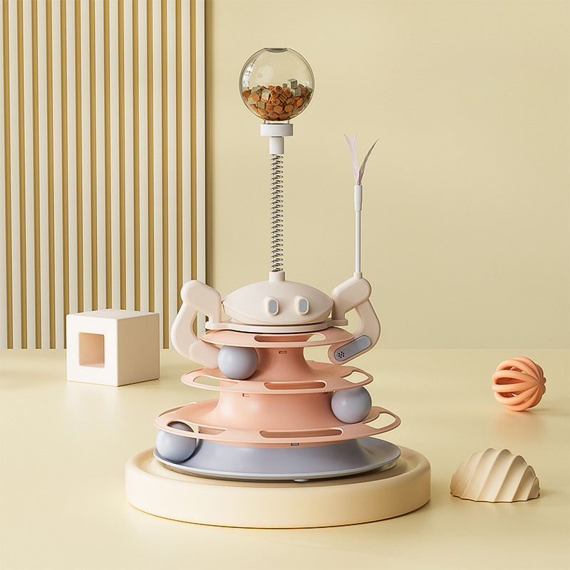 JMT-983114 Interactive Rotating Cat Plate with Feather Toy and Leaking Treats - Four-Layer Entertainment Tower