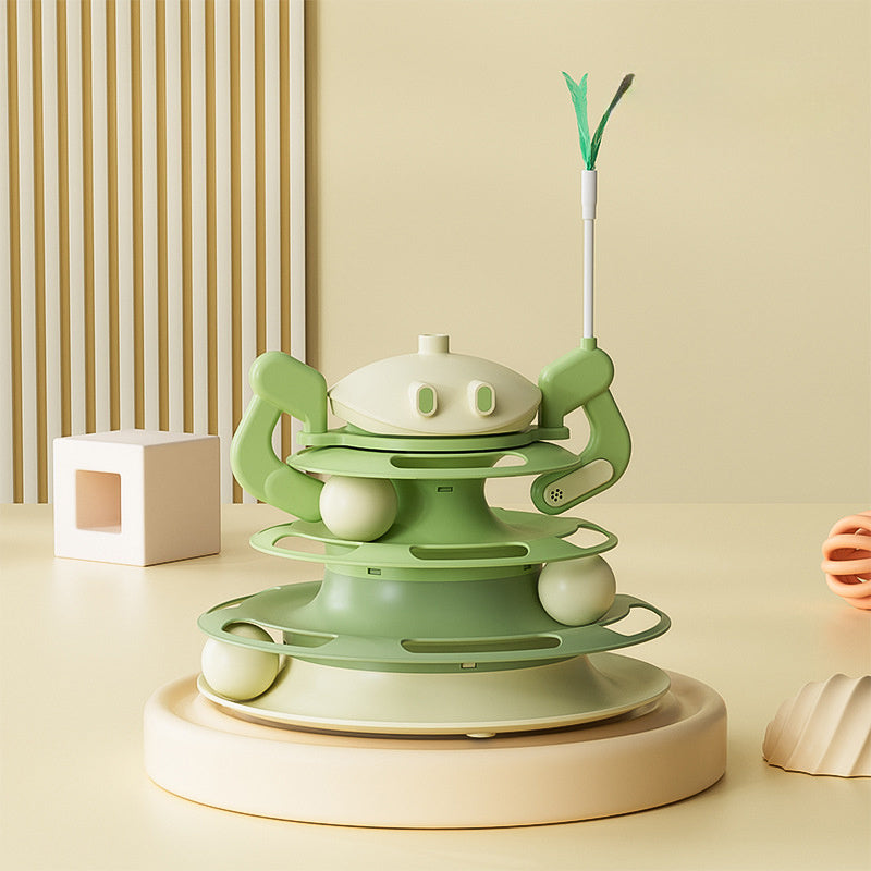 JMT-983114 Interactive Rotating Cat Plate with Feather Toy and Leaking Treats - Four-Layer Entertainment Tower