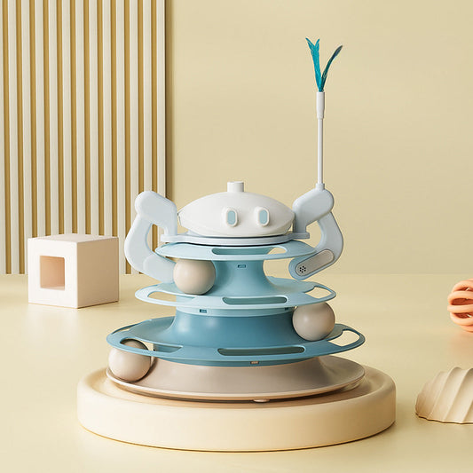 JMT-983114 Interactive Rotating Cat Plate with Feather Toy and Leaking Treats - Four-Layer Entertainment Tower