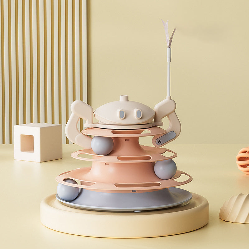 JMT-983114 Interactive Rotating Cat Plate with Feather Toy and Leaking Treats - Four-Layer Entertainment Tower