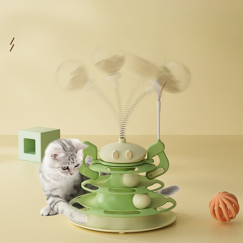 JMT-983114 Interactive Rotating Cat Plate with Feather Toy and Leaking Treats - Four-Layer Entertainment Tower