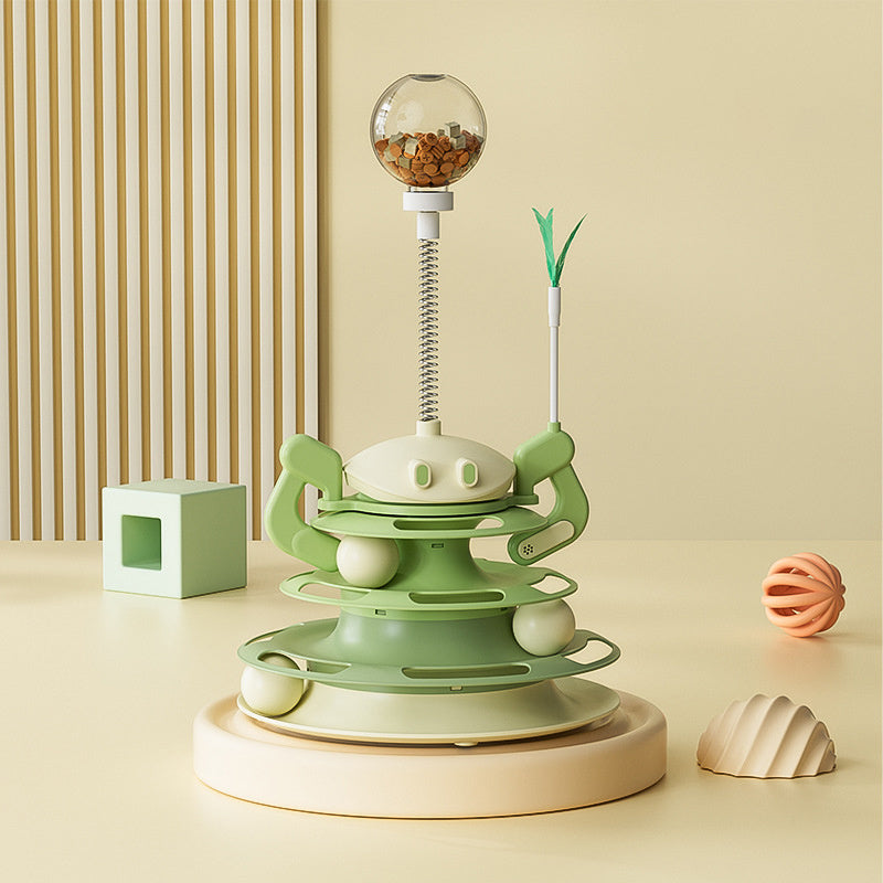 JMT-983114 Interactive Rotating Cat Plate with Feather Toy and Leaking Treats - Four-Layer Entertainment Tower