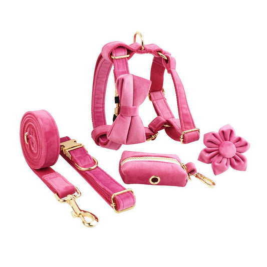 JMT-983626 Velvet Fabric Dog Collar with Leash, Bow, Flower, Dog Vest, and Poop Bag