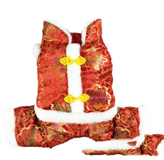 JMT-983754 New Year’s Tang Suit for Dogs – Warm Silk Lining Cotton Four-Legged Outfit in Red and Blue