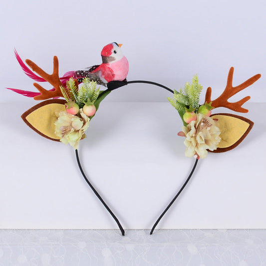 JMT-984970 Festive Little Antler Headband for Adults and Kids - Fabric with Artificial Antlers and Bird