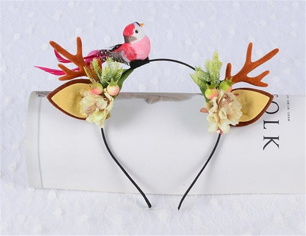 JMT-984970 Festive Little Antler Headband for Adults and Kids - Fabric with Artificial Antlers and Bird