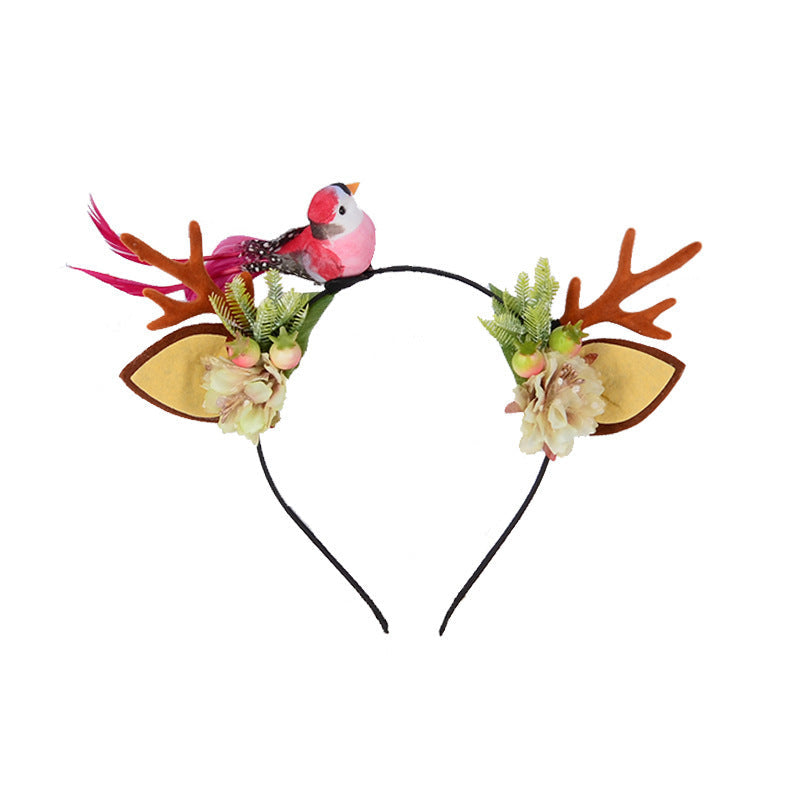JMT-984970 Festive Little Antler Headband for Adults and Kids - Fabric with Artificial Antlers and Bird