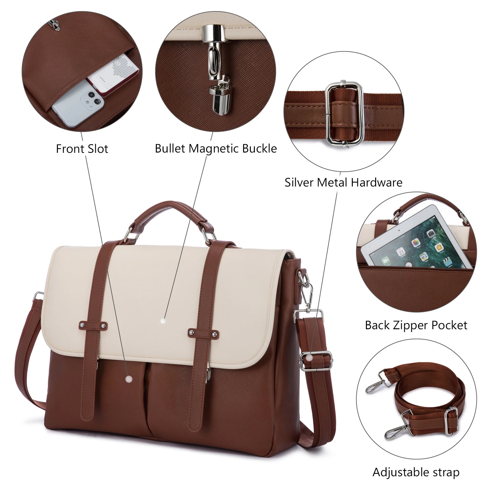 JMT-985098 Leather Messenger Bag for Laptop, Waterproof Business Tote with Anti-Theft Features, Stylish Shoulder Briefcase for Women