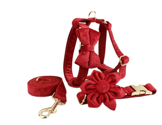 JMT-986250 Soft Fabric Velvet Pet Collar with Leash, Bow, Flower, Vest, and Poop Bag - Scalable Sizes XS to XL