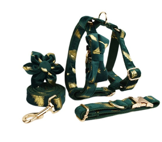 JMT-986250 Soft Fabric Velvet Pet Collar with Leash, Bow, Flower, Vest, and Poop Bag - Scalable Sizes XS to XL