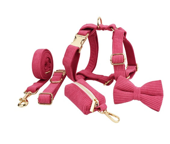 JMT-986250 Soft Fabric Velvet Pet Collar with Leash, Bow, Flower, Vest, and Poop Bag - Scalable Sizes XS to XL