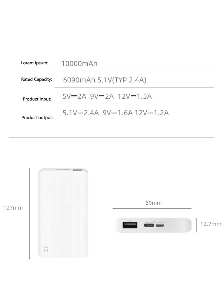 JMT-986762 Portable 10000mAh Power Bank with Two-Way Fast Charging for Mobile Devices