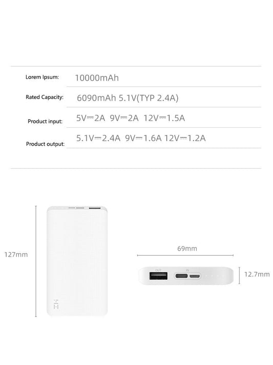 JMT-986762 Portable 10000mAh Power Bank with Two-Way Fast Charging for Mobile Devices