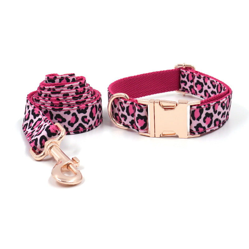 JMT-987082 Leopard Print Rose Gold Dog Collar and Leash Set for Stylish Pets