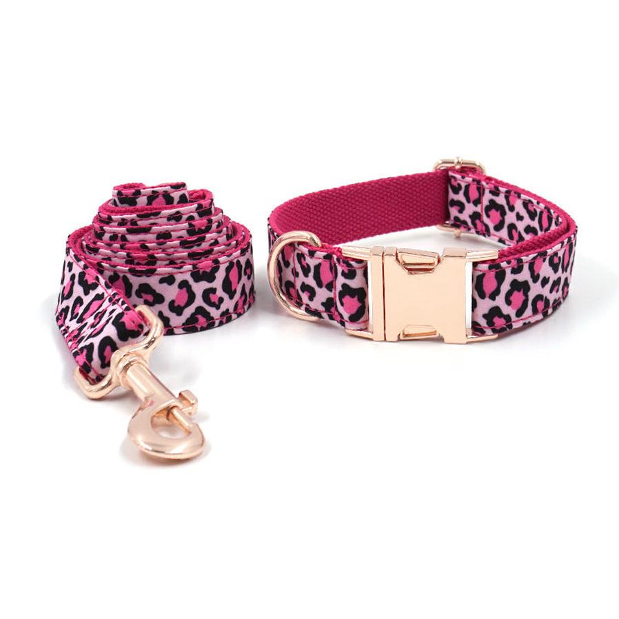 JMT-987082 Leopard Print Rose Gold Dog Collar and Leash Set for Stylish Pets