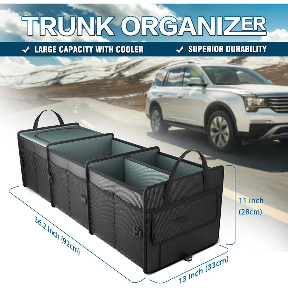 JMT-988362 Heavy-Duty Collapsible Car Trunk Organizer with Insulation Cooler Bag for SUVs, Trucks, and Vans - 3 Compartments, Black