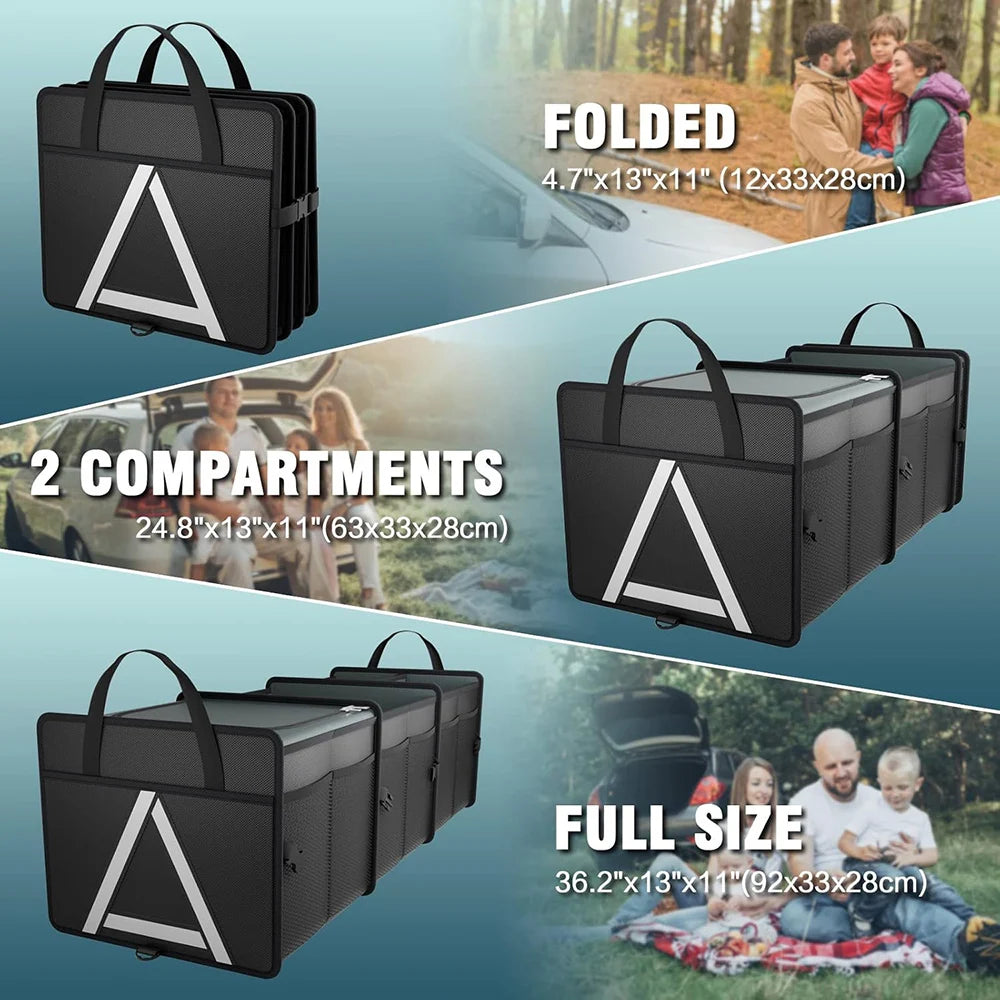 JMT-988362 Heavy-Duty Collapsible Car Trunk Organizer with Insulation Cooler Bag for SUVs, Trucks, and Vans - 3 Compartments, Black