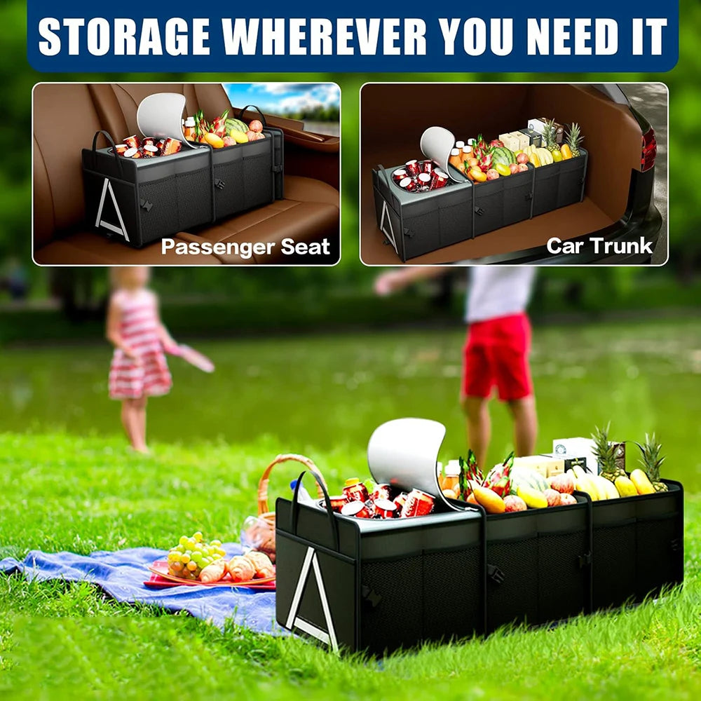 JMT-988362 Heavy-Duty Collapsible Car Trunk Organizer with Insulation Cooler Bag for SUVs, Trucks, and Vans - 3 Compartments, Black