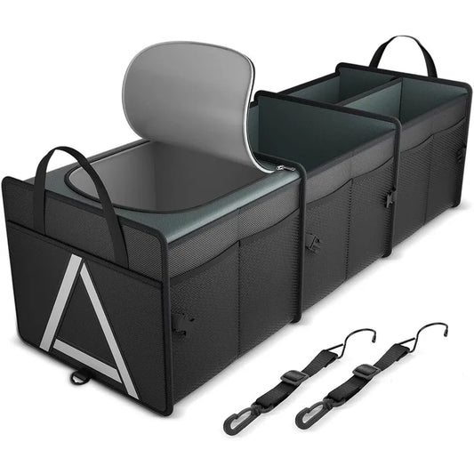 JMT-988362 Heavy-Duty Collapsible Car Trunk Organizer with Insulation Cooler Bag for SUVs, Trucks, and Vans - 3 Compartments, Black