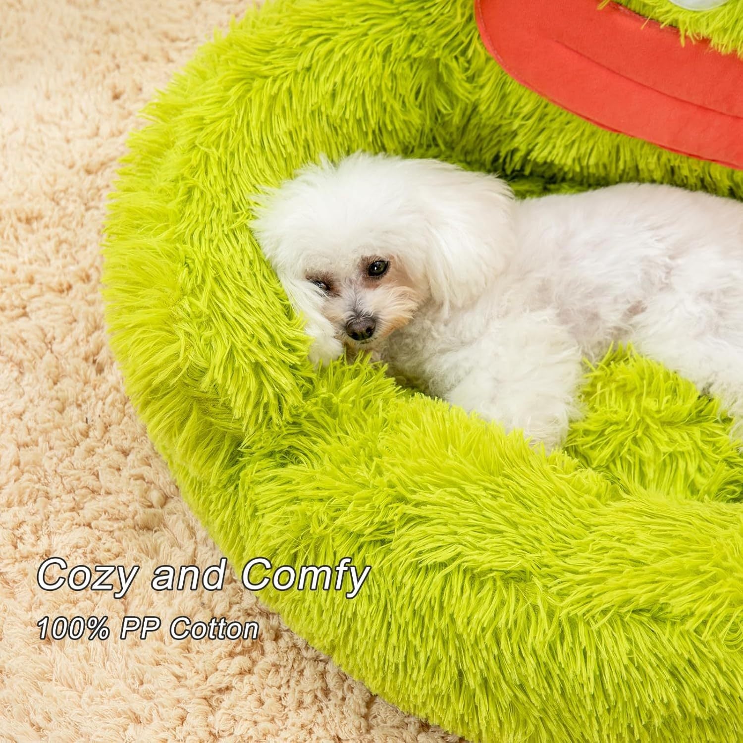JMT-989194 Cozy Plush Donut Dog and Cat Bed with Non-Slip Bottom for Small Pets - Green Design, Anti-Anxiety Support