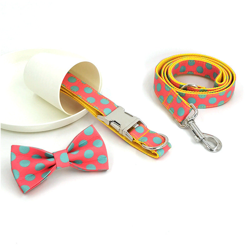 JMT-989386 Polka Dot Yellow Pet Collar with Traction Rope for Dogs