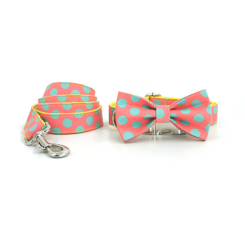 JMT-989386 Polka Dot Yellow Pet Collar with Traction Rope for Dogs