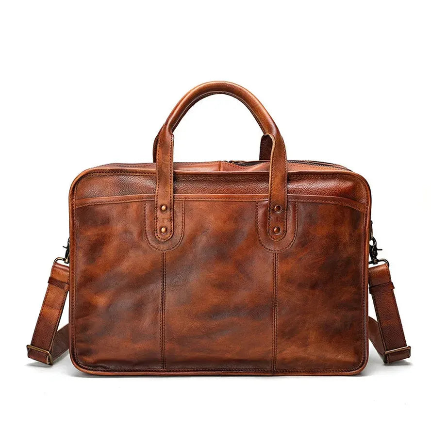 JMT-989642 Genuine Leather Retro Business Briefcase - Large Capacity Shoulder and Crossbody Bag