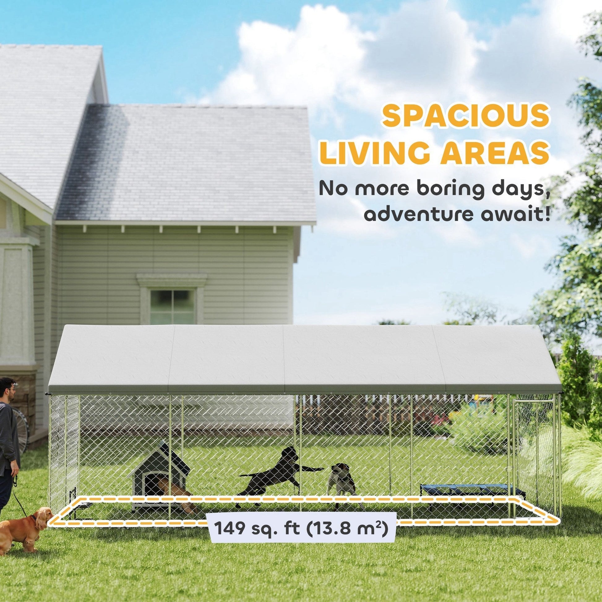 JMT-989898 Heavy Duty Outdoor Dog Kennel with Waterproof Roof, Secure Latch, and Chain Link Dog Run for Large Dogs