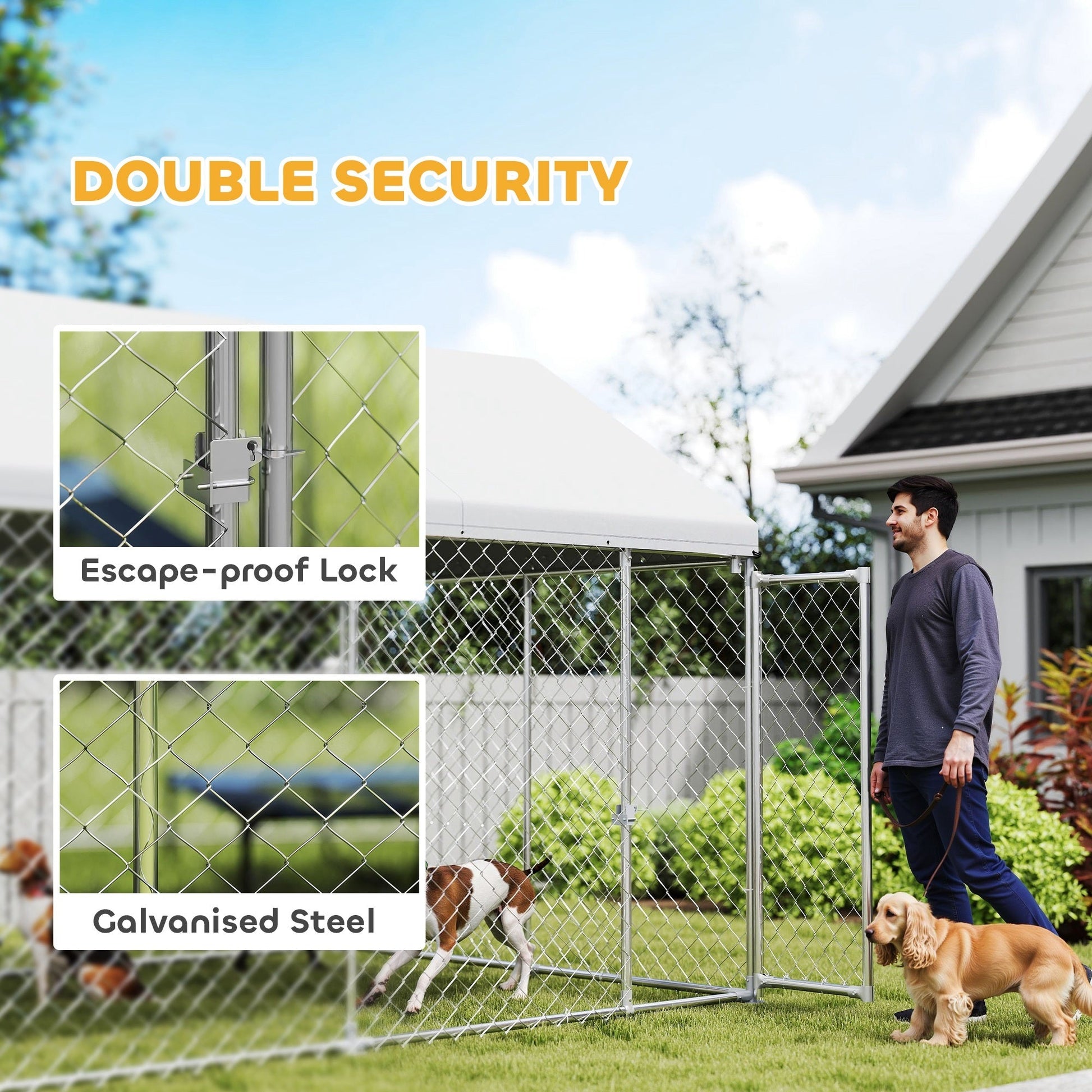 JMT-989898 Heavy Duty Outdoor Dog Kennel with Waterproof Roof, Secure Latch, and Chain Link Dog Run for Large Dogs