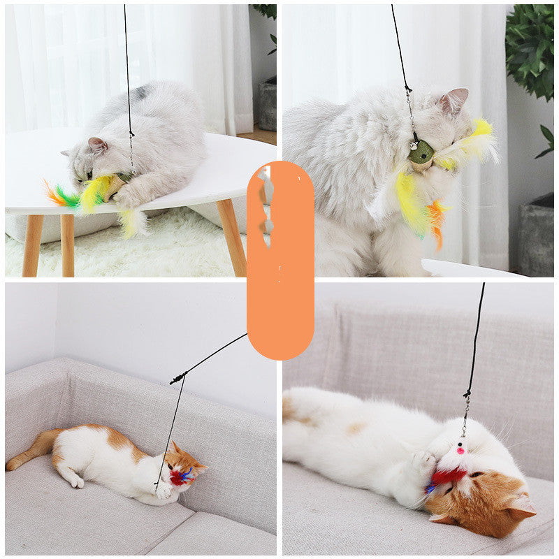 JMT-990026 Long Cat Toy Feather Wand with Plush Attachment - 41CM Pole, 70CM Rope