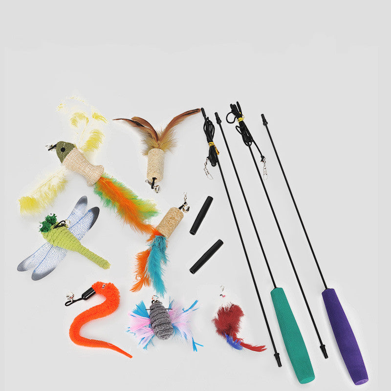 JMT-990026 Long Cat Toy Feather Wand with Plush Attachment - 41CM Pole, 70CM Rope