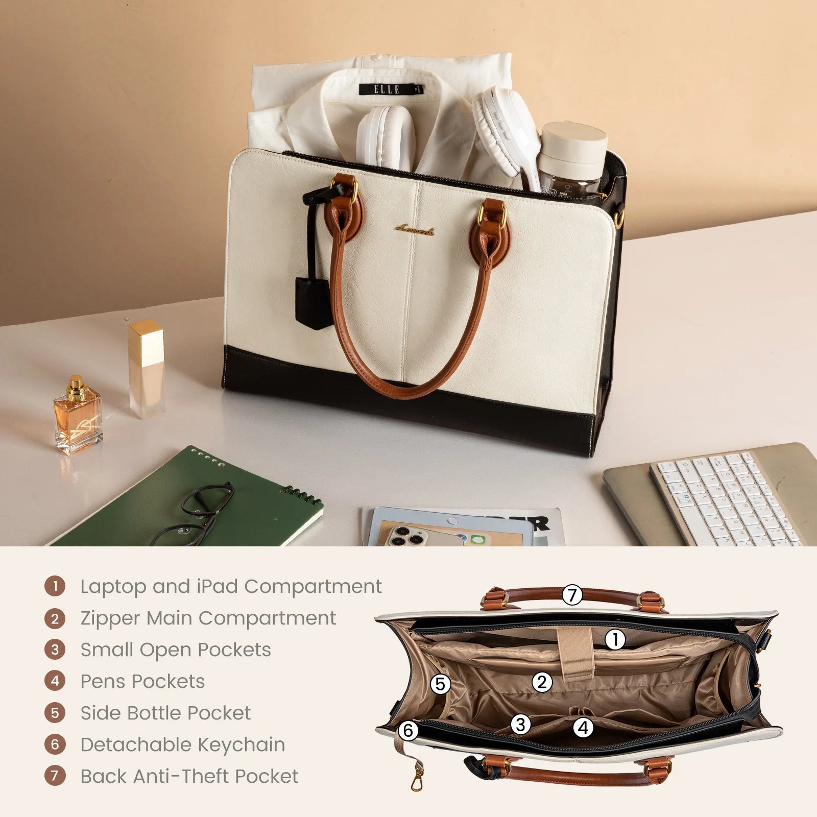 JMT-992010 Large Waterproof Leather Laptop Tote Bag for Women - Fits 15.6-17 Inch Laptops, Ideal for Business and Office Use