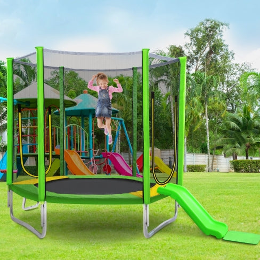 JMT-993226 7FT Outdoor Trampoline for Kids with Safety Enclosure, Slide, and Ladder - Easy Assembly