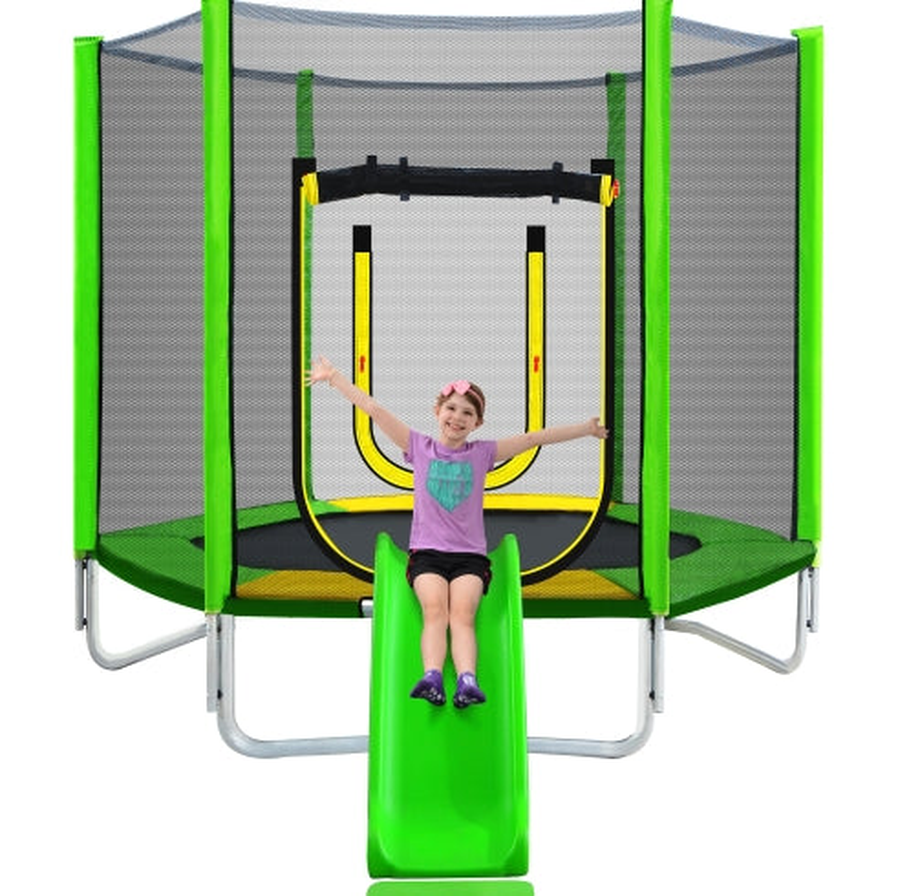 JMT-993226 7FT Outdoor Trampoline for Kids with Safety Enclosure, Slide, and Ladder - Easy Assembly