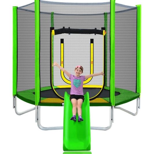 JMT-993226 7FT Outdoor Trampoline for Kids with Safety Enclosure, Slide, and Ladder - Easy Assembly