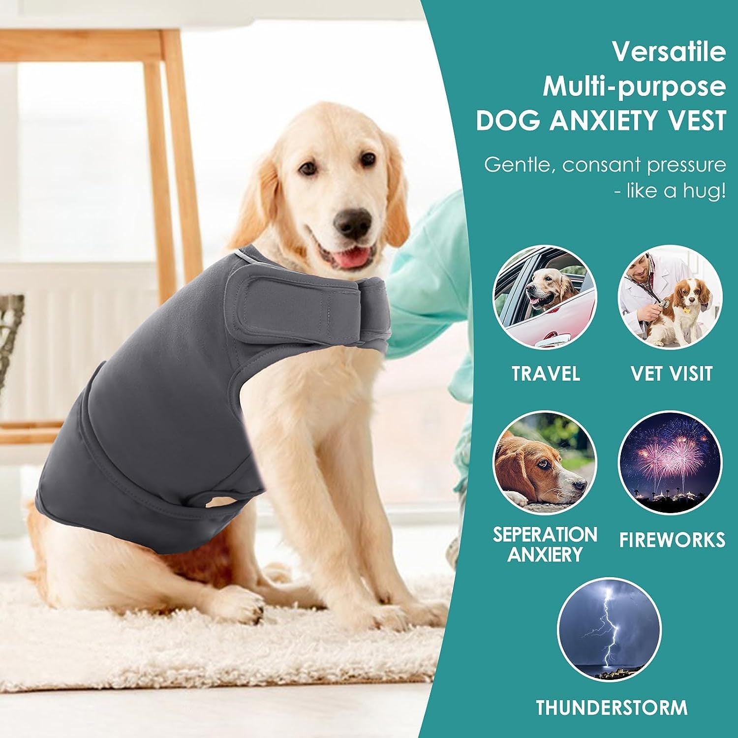 JMT-994250 Dog Anxiety Relief Vest with Shock Protection Features for Puppies and Small to Extra Large Breeds