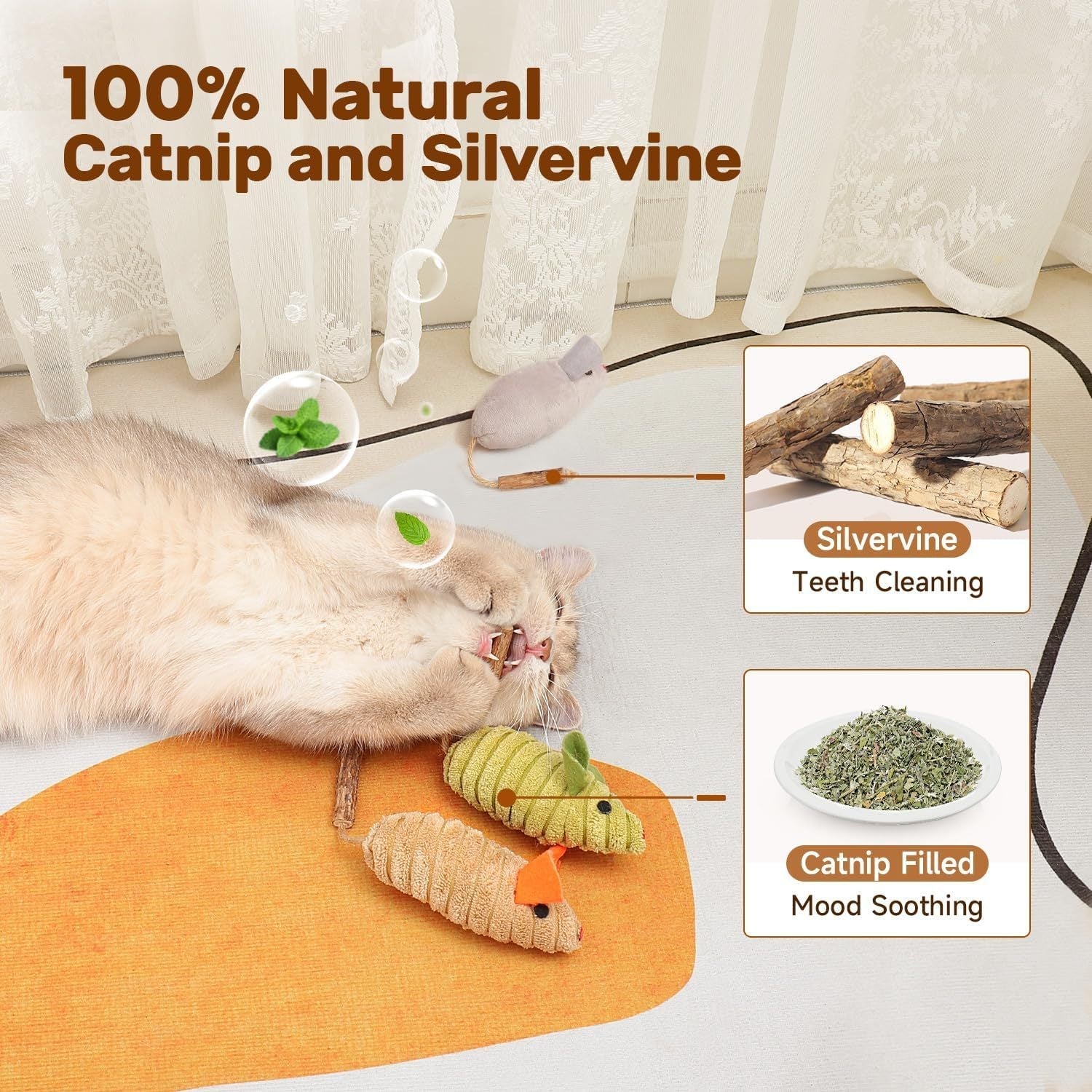 JMT-994314 Cat Interactive Toys with Squeaking Mice, Catnip & Silvervine for Play and Dental Care