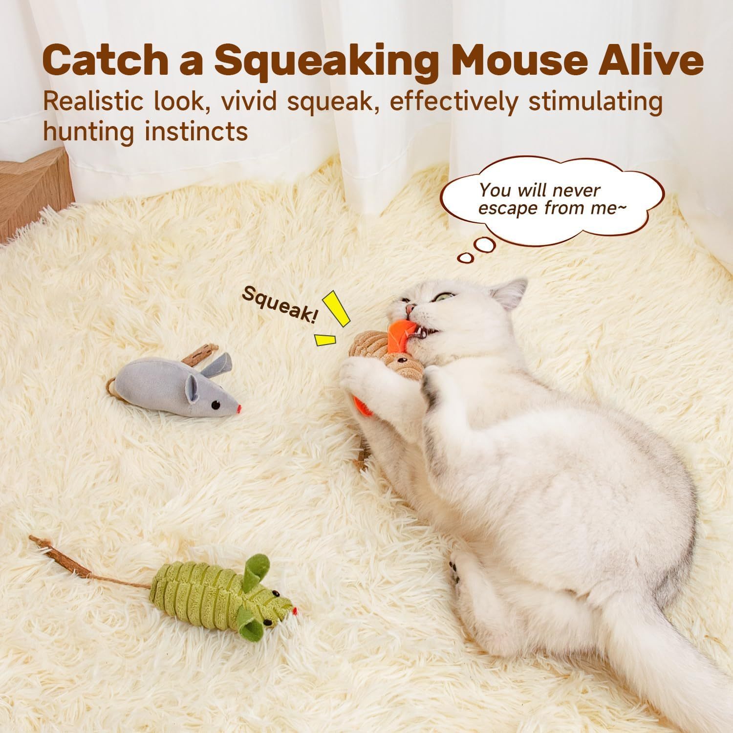 JMT-994314 Cat Interactive Toys with Squeaking Mice, Catnip & Silvervine for Play and Dental Care