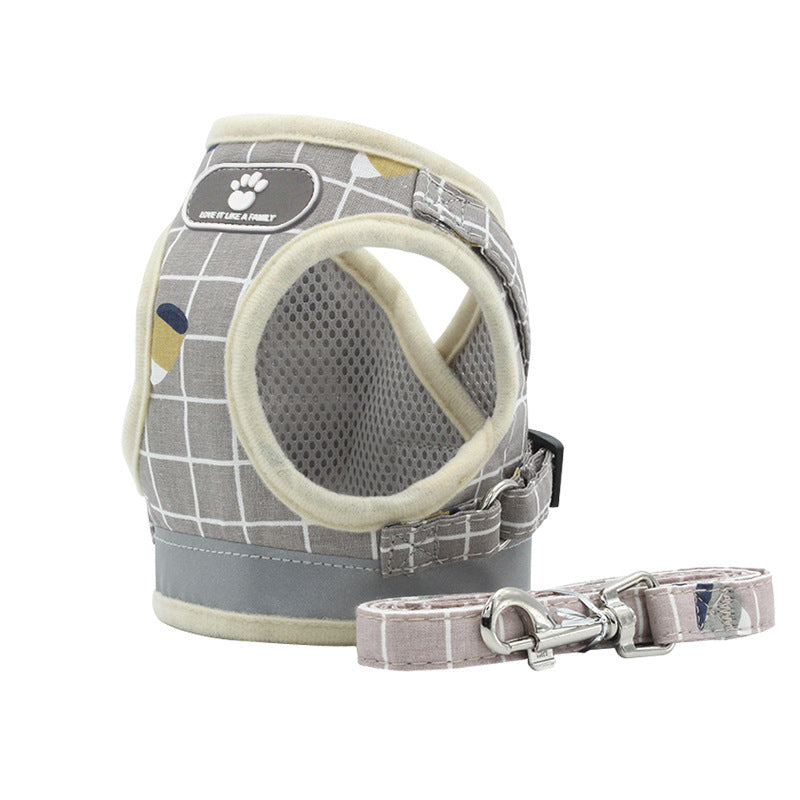 JMT-995978 Reflective Breathable Mesh Harness and Leash for Small to Medium Pets in Light Pink, Grey, and Khaki
