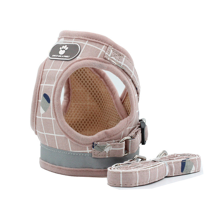JMT-995978 Reflective Breathable Mesh Harness and Leash for Small to Medium Pets in Light Pink, Grey, and Khaki