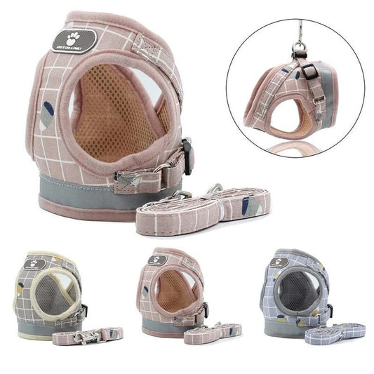 JMT-995978 Reflective Breathable Mesh Harness and Leash for Small to Medium Pets in Light Pink, Grey, and Khaki