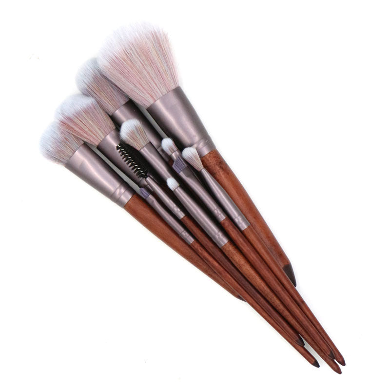 JMT-997066 11-Piece Makeup Brush Set with Synthetic Hair, Matte Aluminum Ferrule, and Natural Wood Handle