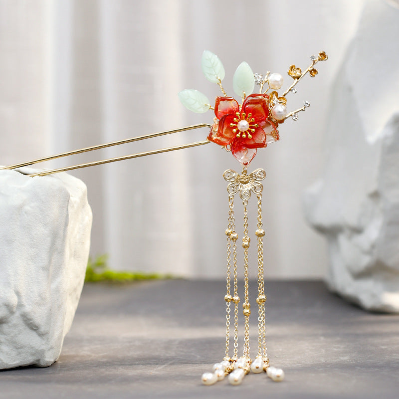 JMT-997322 Fringed Red Imitation Jade Flower Hairpin - Retro Alloy Design for Weddings and Special Occasions