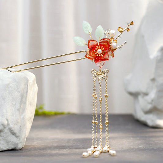 JMT-997322 Fringed Red Imitation Jade Flower Hairpin - Retro Alloy Design for Weddings and Special Occasions