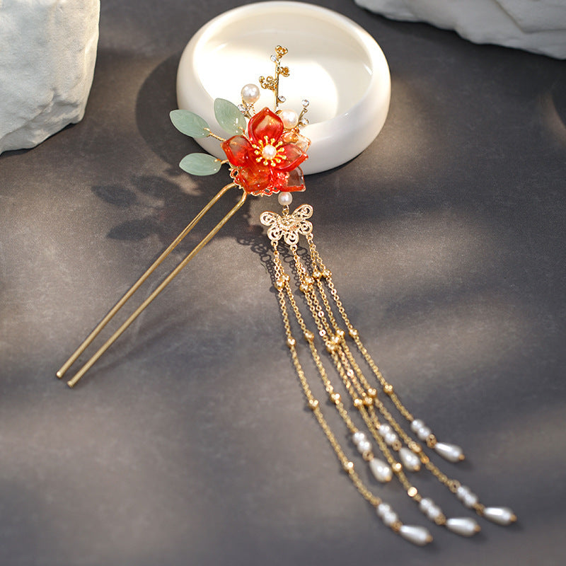 JMT-997322 Fringed Red Imitation Jade Flower Hairpin - Retro Alloy Design for Weddings and Special Occasions