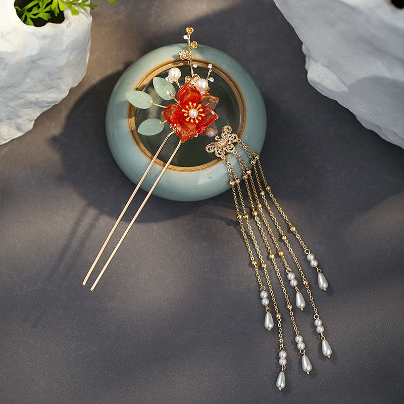 JMT-997322 Fringed Red Imitation Jade Flower Hairpin - Retro Alloy Design for Weddings and Special Occasions