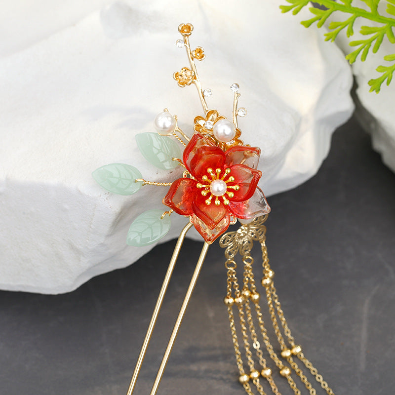 JMT-997322 Fringed Red Imitation Jade Flower Hairpin - Retro Alloy Design for Weddings and Special Occasions
