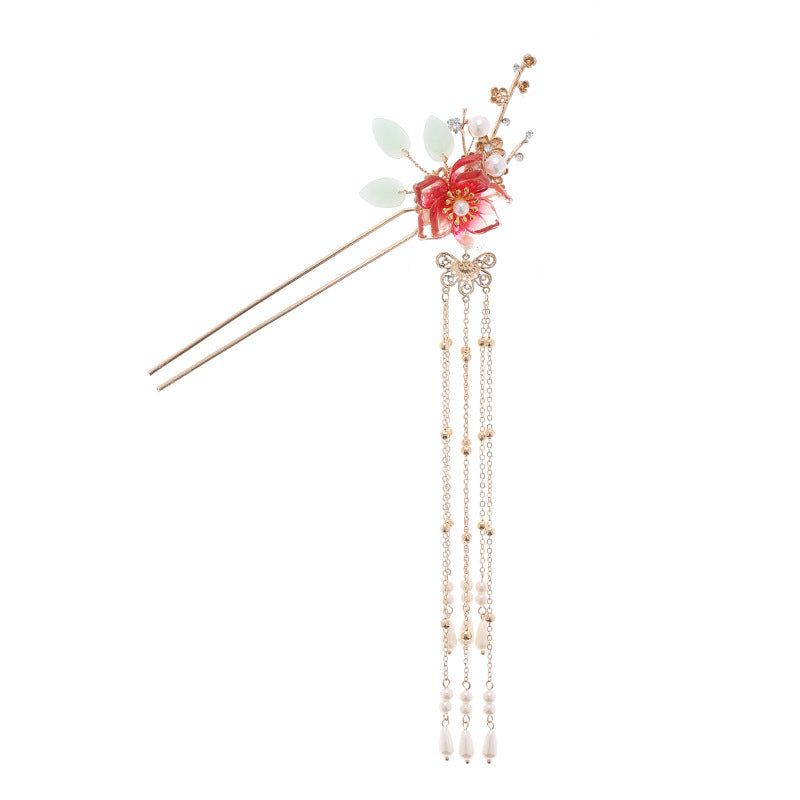 JMT-997322 Fringed Red Imitation Jade Flower Hairpin - Retro Alloy Design for Weddings and Special Occasions